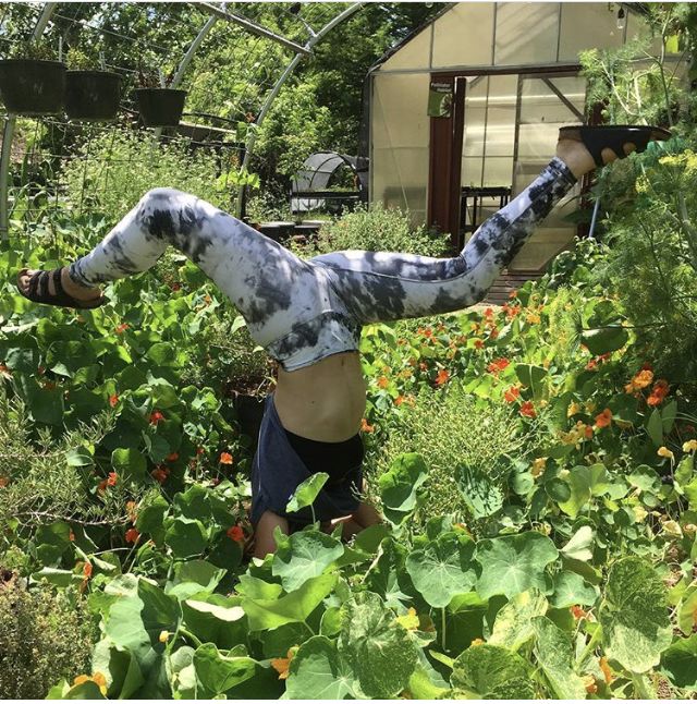 A visitor doing a handstand in the nasturtiums