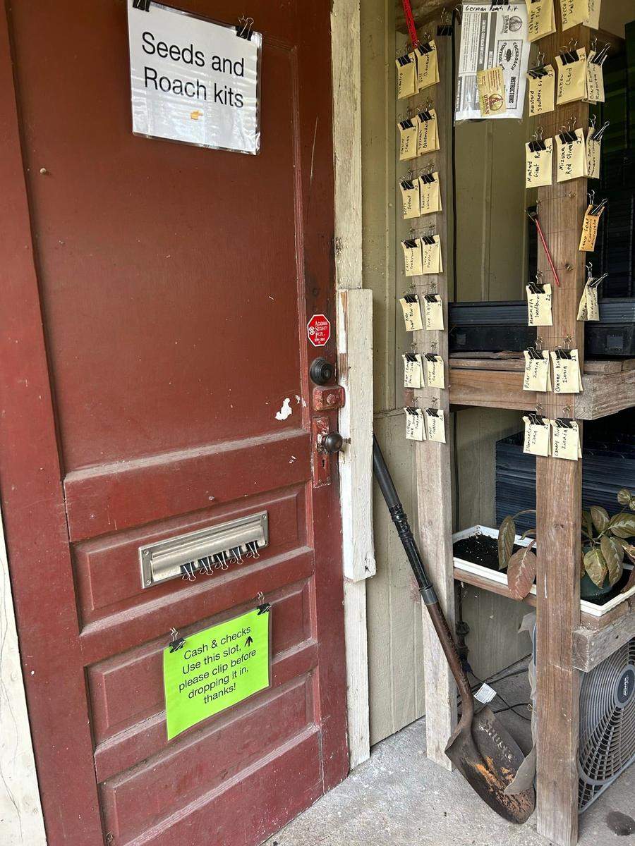 Seed packets hanging by the shed door